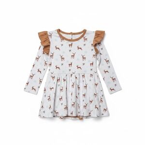 Bubble Baby Reindeer Bamboo Viscose Ruffle Bodysuit Dress White Tan 5T